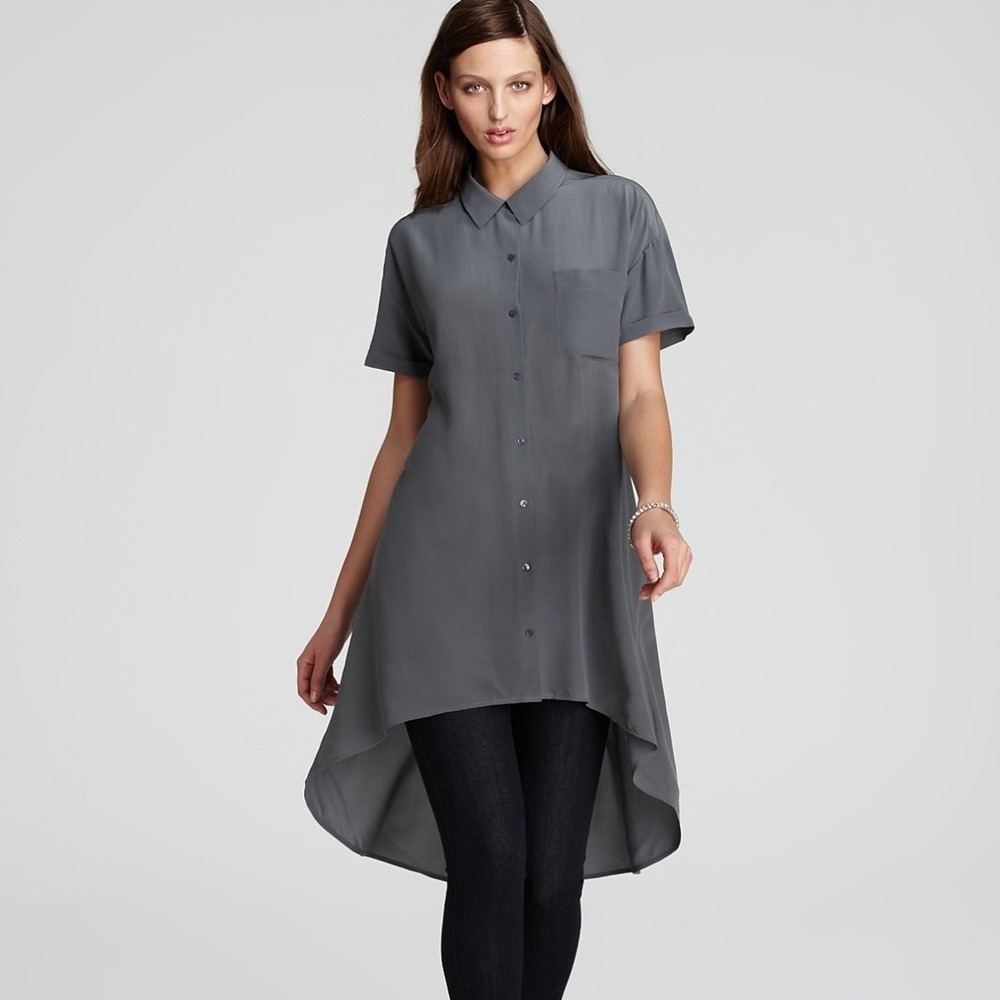 Eileen Fisher Silk High Low Button Down Shirt Dress Ash Gray Medium